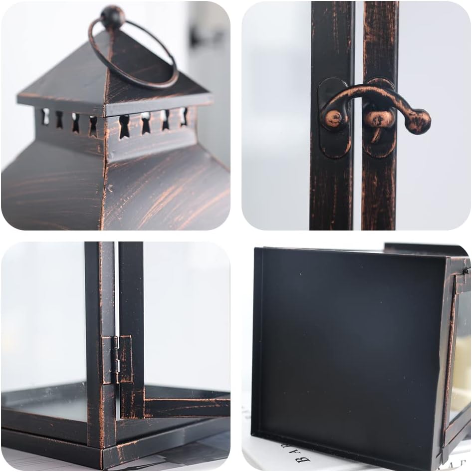 NEEDOMO Lanterns Decorative Outdoor&Indoor, Set of 2 Large Bronze Metal Lantern Decor with Glass, Candle Holder for Porch, Patio, Garden, Balcony, Wedding, Table Centerpiece Decorations