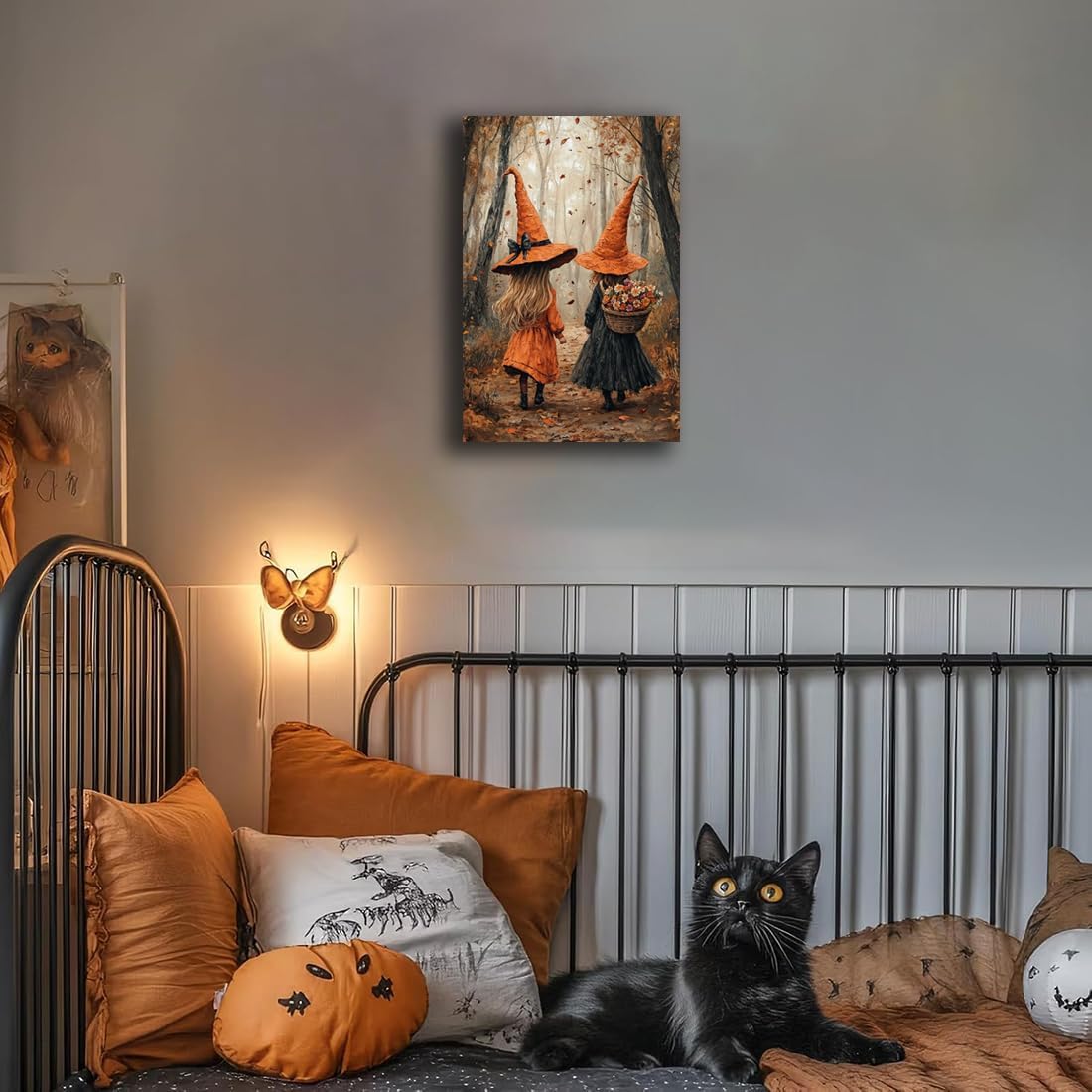 Fall Wall Art Witch Picture Decor,Little Girl Witch Halloween Wall Art, Vintage Autumn Whimsical Woodland Forest Picture, Family Room Nursery Playroom Children Room Decoration,24"x36" Framed