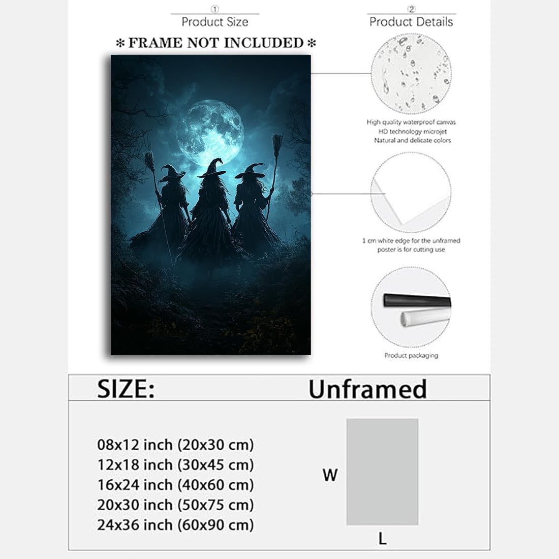 Moonlight Witches Halloween Canvas Art Picture,Three Witches on Broom in Forest Painting Print Gothic Decor,Halloween Witch Poster Witchy Room Aesthetic Bedroom Home Decorations,24"x36" Unframed