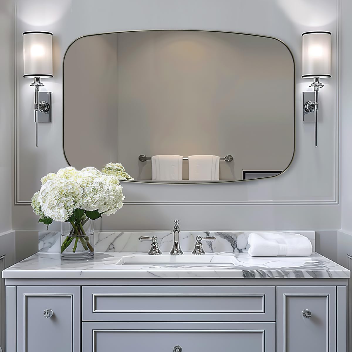 ANDY STAR Brushed Nickel Bathroom Mirror, 30x40” Oblong Mirror with Stainless Steel Metal Frame, Silver Oval Vanity Mirror for Over Sink, Modern Anti Rust Wall Mounted