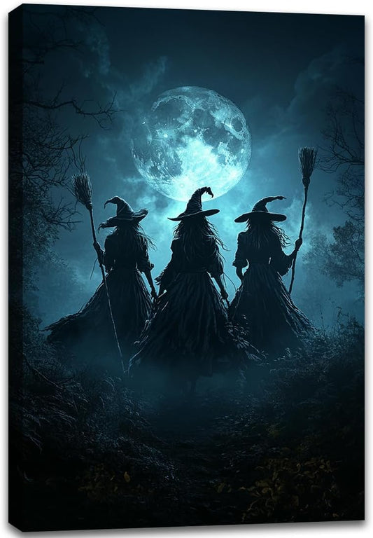 Moonlight Witches Halloween Canvas Art Picture,Three Witches on Broom in Forest Painting Print Gothic Decor,Halloween Witch Poster Witchy Room Aesthetic Bedroom Home Decorations,20"x30" Framed