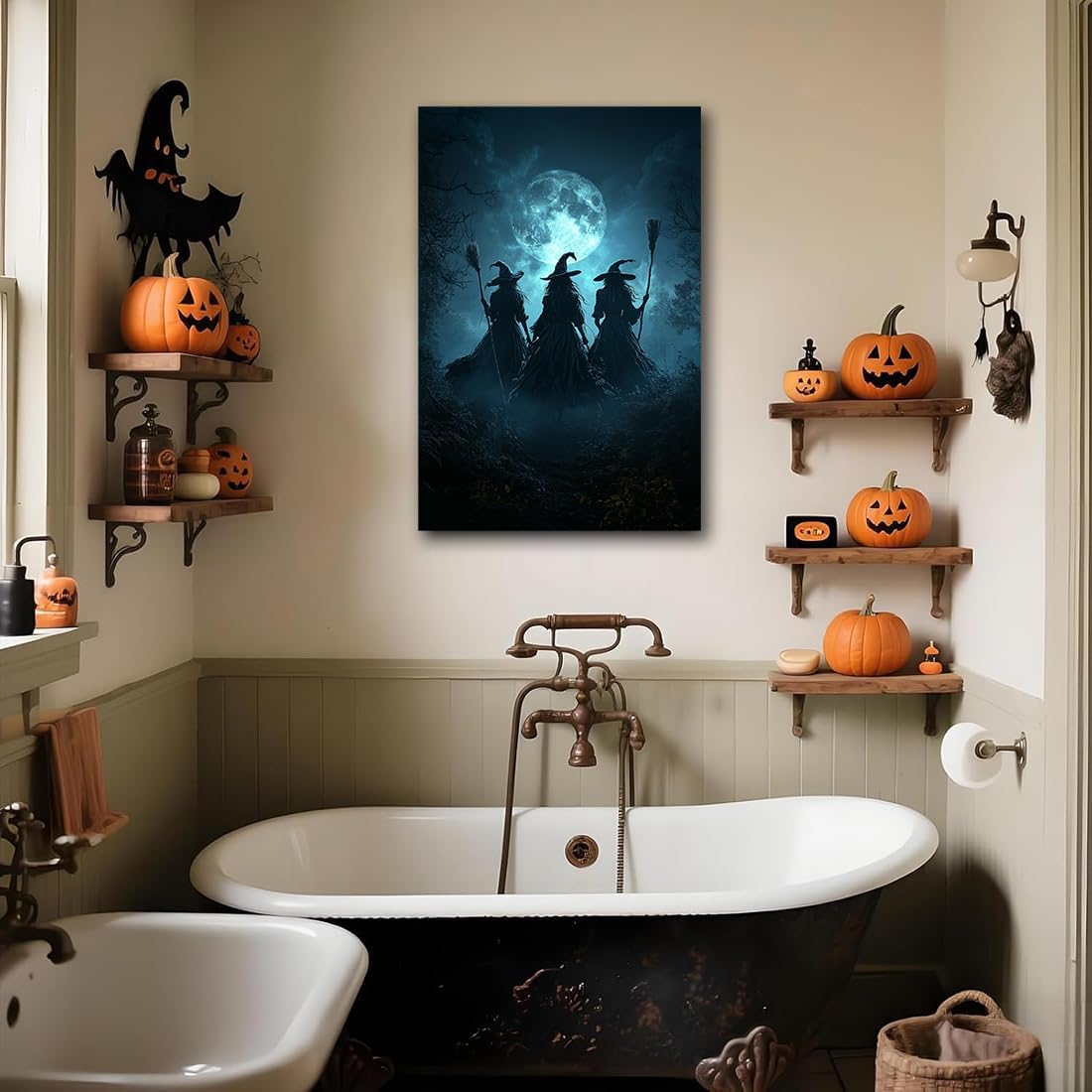 Moonlight Witches Halloween Canvas Art Picture,Three Witches on Broom in Forest Painting Print Gothic Decor,Halloween Witch Poster Witchy Room Aesthetic Bedroom Home Decorations,20"x30" Unframed