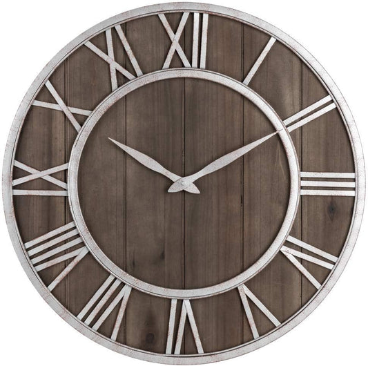 Oldtown Farmhouse Metal & Solid Wood Noiseless Wall Clock (Dark Brown, 36-inch)