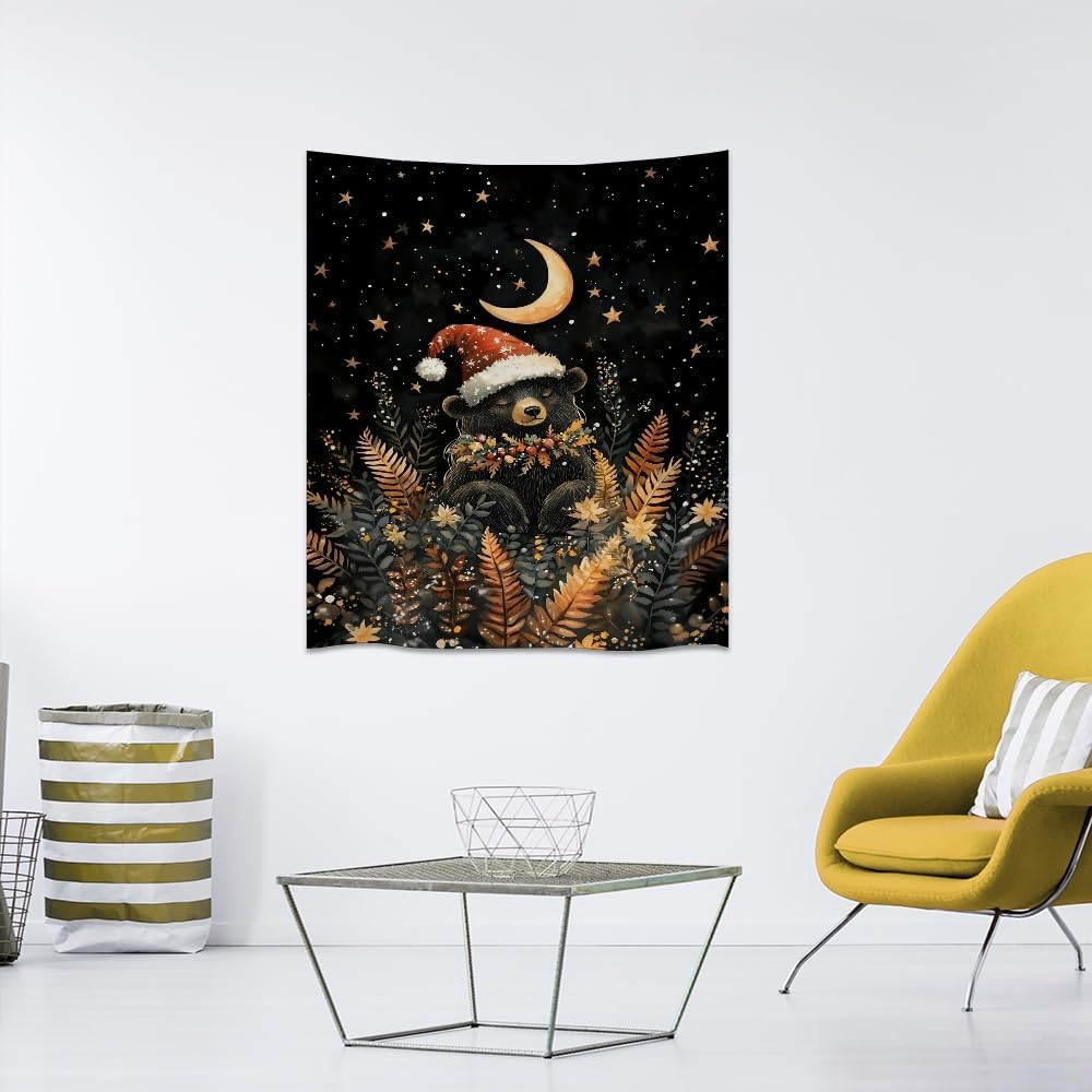 Whimsical Christmas Tapestry Moon Stars Dark Aesthetic Wall Hanging Decor Cute Bear Tapestries for Kids Room Decoration Funny Christmas wall art for Bedroom Dorm Living Room 70x90inch