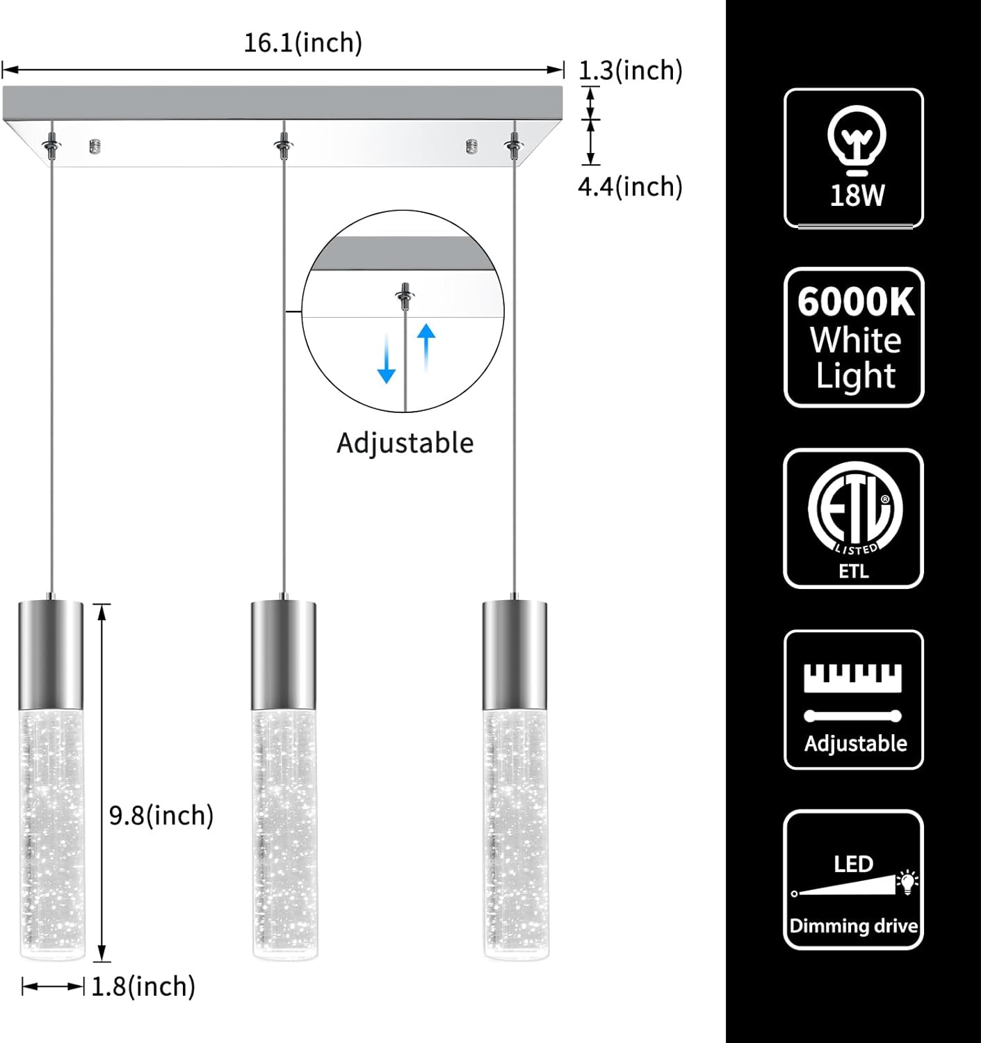 OKELI 3-Light Dimmable LED Pendant Lighting for Kitchen Island, 18W 1350LM Modern Crystal Bubble Island Light Fixture, 6000K Cool White, Adjustable Electro-Chrome Fixture, Easy Install, Square