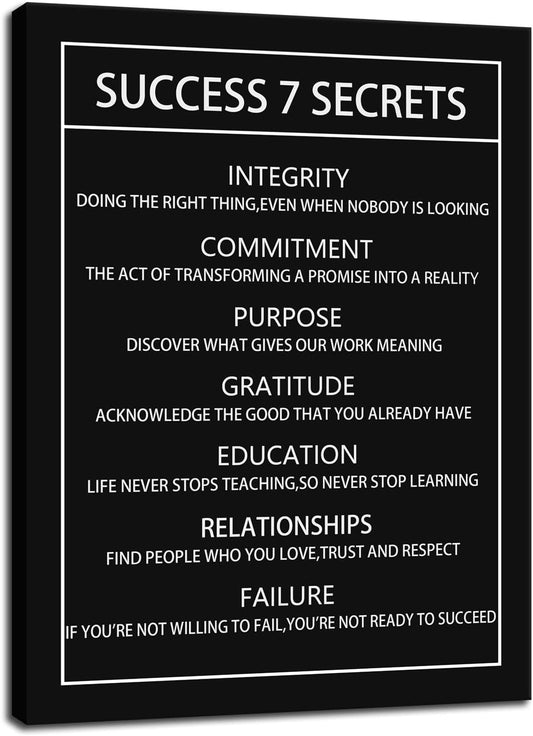 Success 7 Secrets Motivational Canvas Wall Art for Office Inspirational Poster Print Artwork Painting Picture for Framed Home Decoration Living Room Bedroom Ready to Hang [18''W X 24''H]