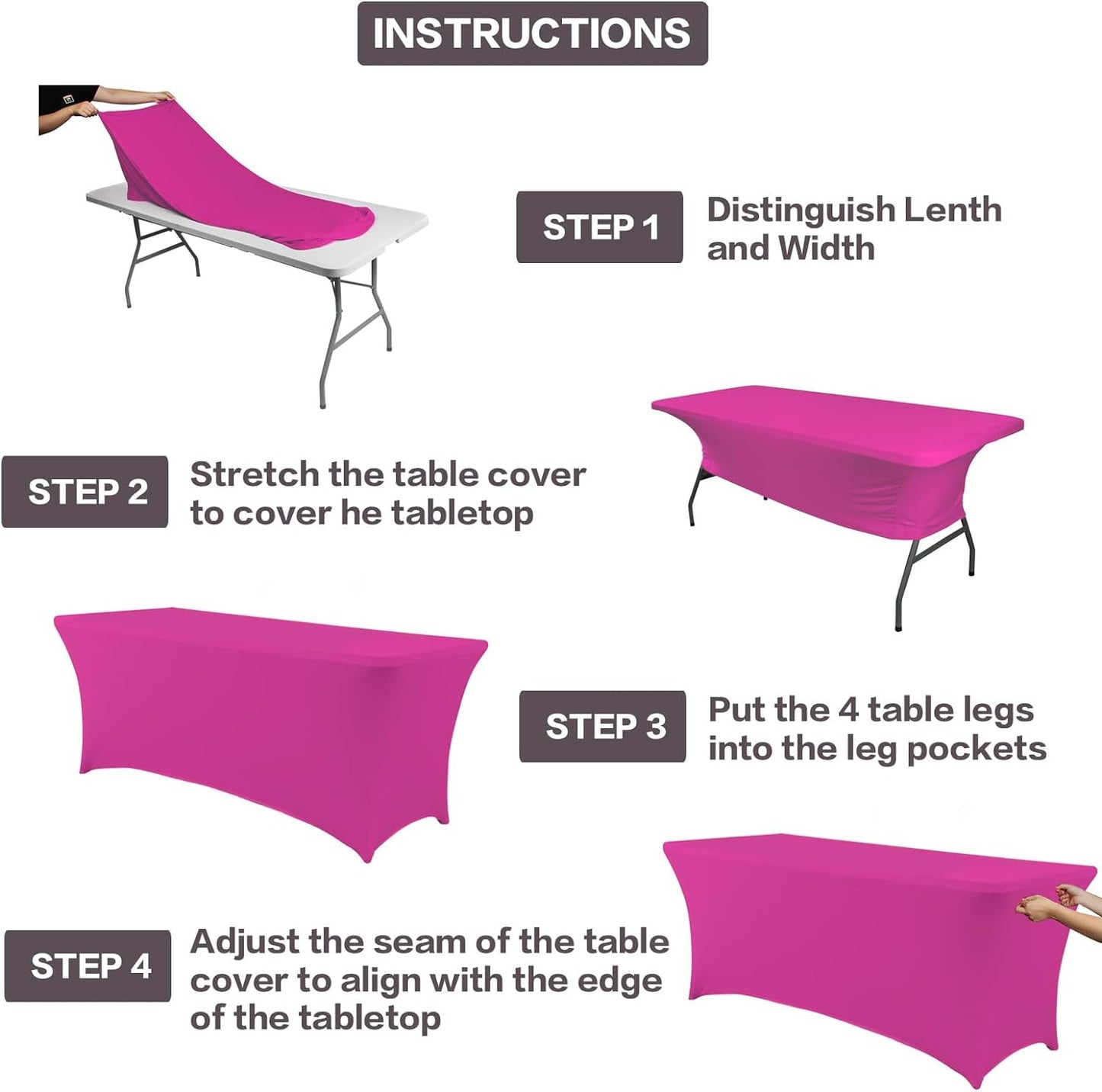 IVAPUPU 4FT Table Cloth for Rectangular Fitted Events Stretch Fuchsia Table Covers Washable Cover Spandex Tablecloth Protector for Party, Wedding, Cocktail, Banquet, Festival