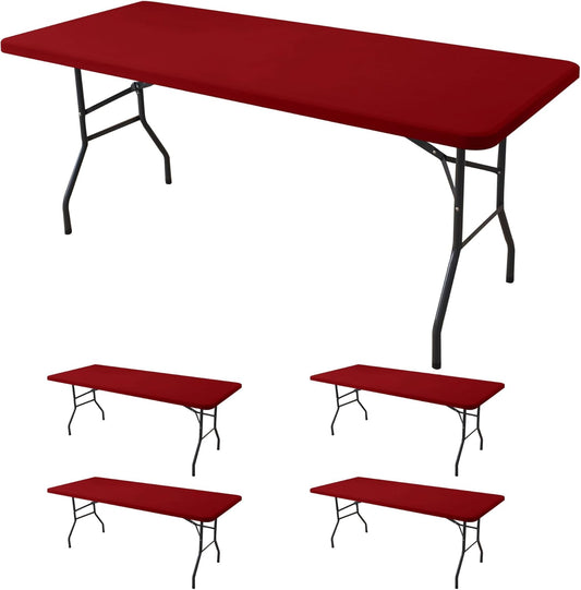 Fitted Tablecloth for 8 Foot Rectangle Tables-4 Pack Red Elastic Outdoor Picnic Table Cover-Spandex Stretch Folding Table Cloths 8ft for Camping Dining Room Patio Kitchen Banquet Party