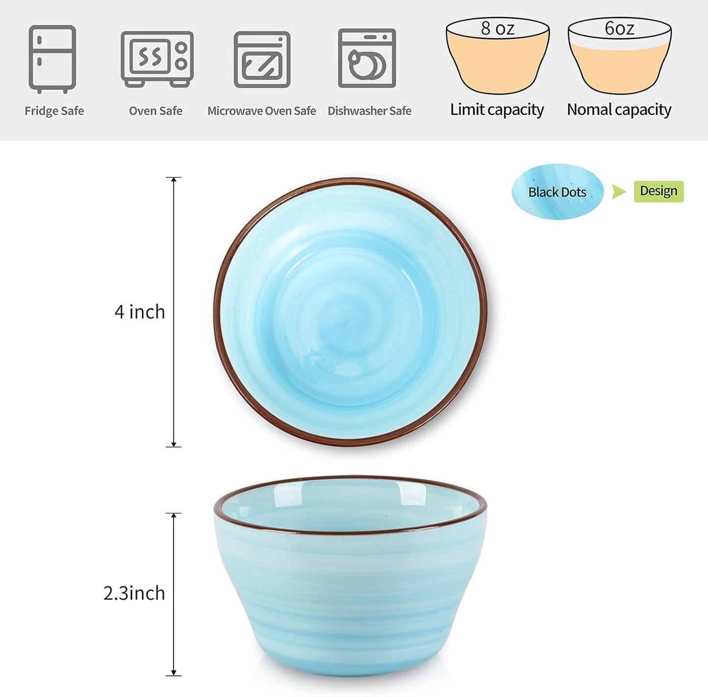 Selamica Ceramic 8oz Bouillon Cups 4 Inch Small Dessert Bowls for Soup Dipping Sauce Coffee Cupping, Microwave Dishwasher Safe, Set of 6, Gradient Blue