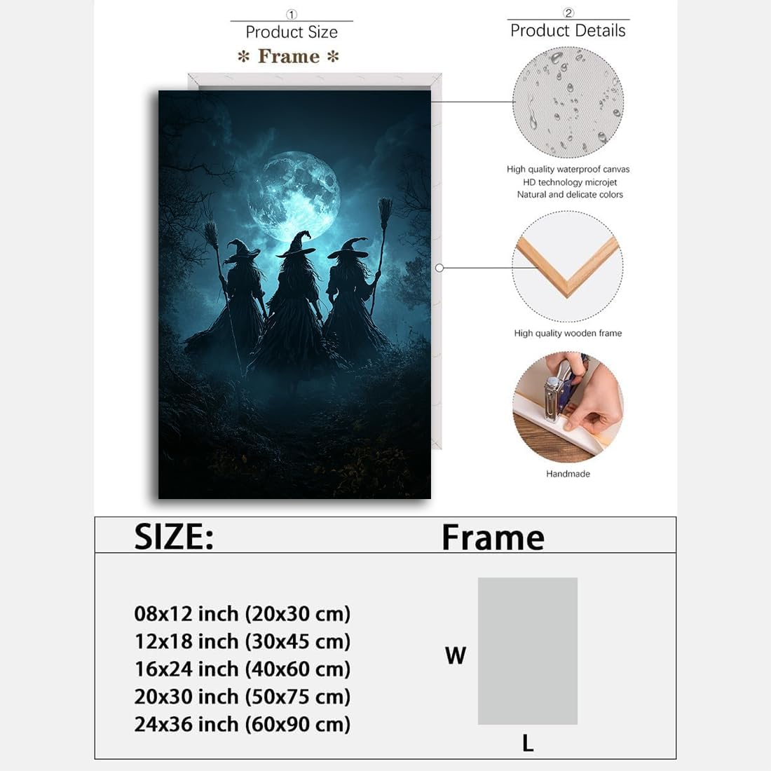 Moonlight Witches Halloween Canvas Art Picture,Three Witches on Broom in Forest Painting Print Gothic Decor,Halloween Witch Poster Witchy Room Aesthetic Bedroom Home Decorations,20"x30" Framed