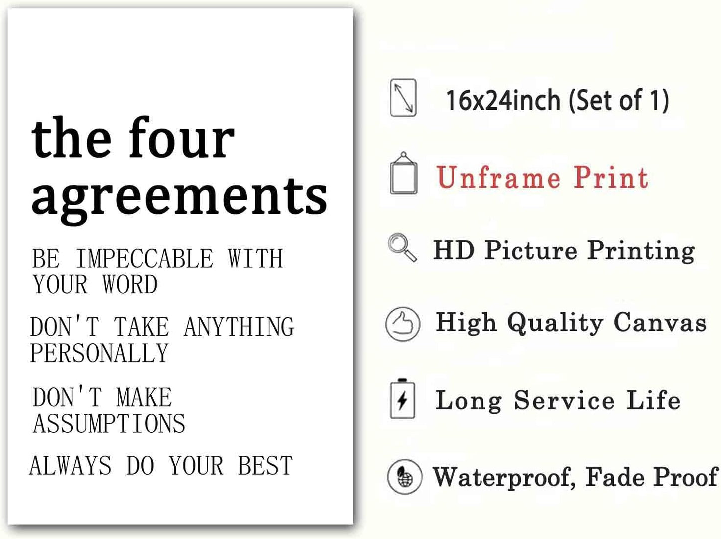 The Four Agreements Poster Inspirational Wall Art Black And White Quote Posters Positive Inspirational Wall Art Vintage Poster Motivational Painting Modern Canvas Minimalist Decor 16x24inch No Frame