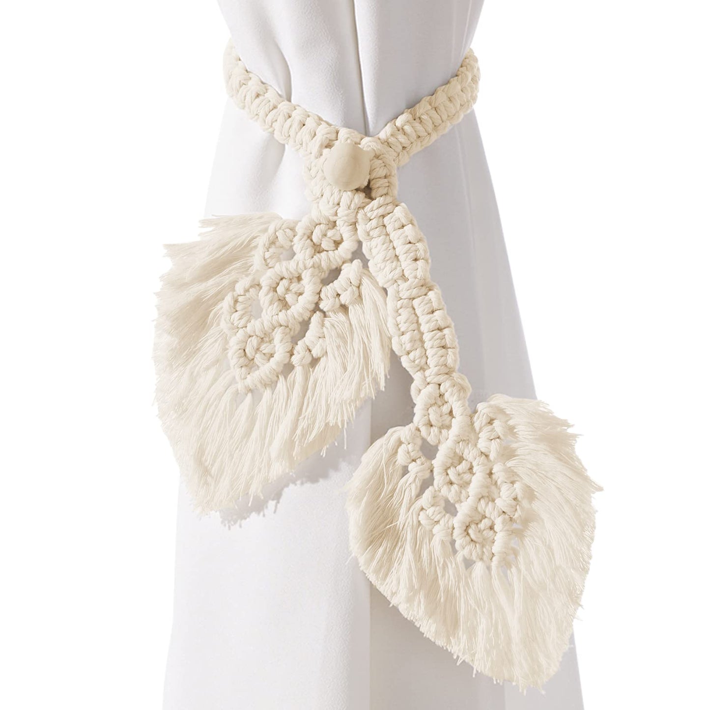 2-Pack Boho Cotton Curtain Tiebacks with Handmade Double Leaves & Adjustable Wood Beads (Beige)