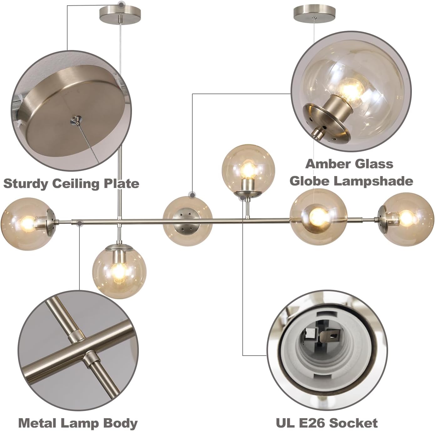 KCO Lighting Mid Century Modern Rectangle Light Fixture 6-Light Glass Globe Linear Chandelier Brushed Nickel Pendant Light Fixture Adjustable Kitchen Island Lighting (Silver+Amber)