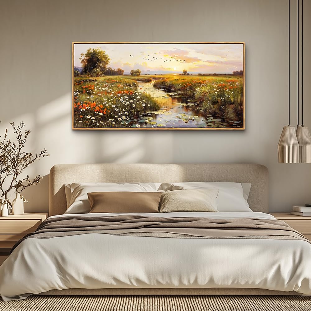 PHAOHUAXM Canvas Wall Art For Living Room Wall Decor For Bedroom Watercolour Painting Office Decoration Countryside Sunrise Scenery Wall Picture Printing Artwork Home Decor Wood Framed 24x48 In