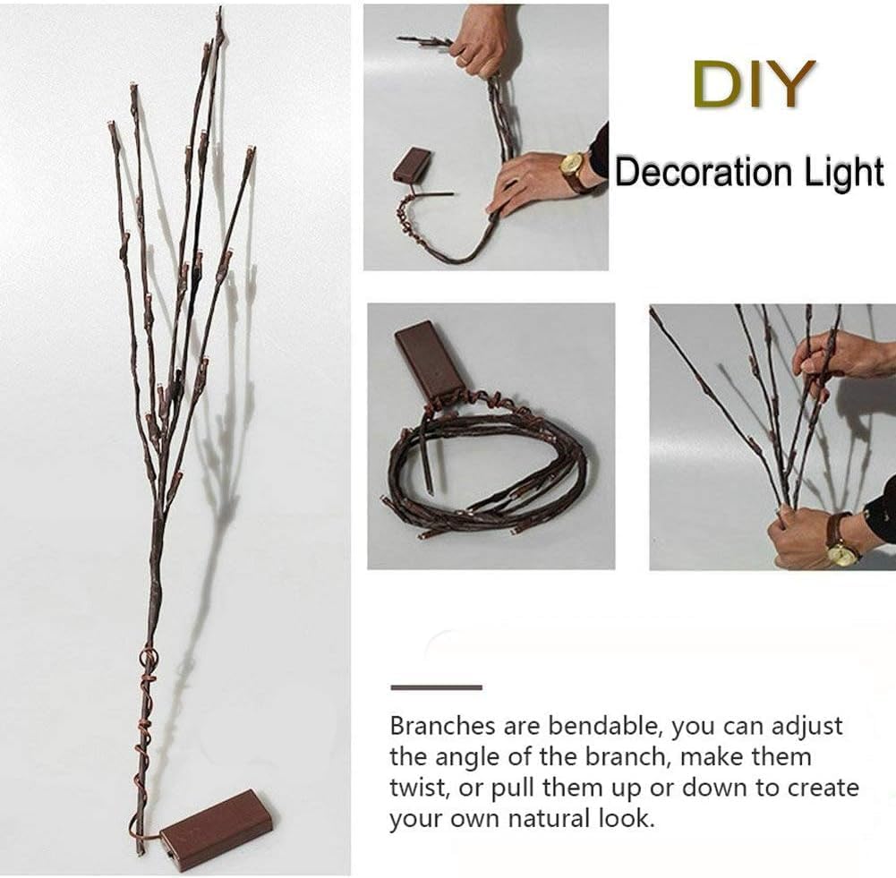 DK177 2 Pack Led Branch Light Battery Operated Lighted Branch Vase Filler Willow Tree Artificial Little Twig Power Brown 30 Inch 20 LED for Home Outdoor Indoor Romantic Decoration, White Light