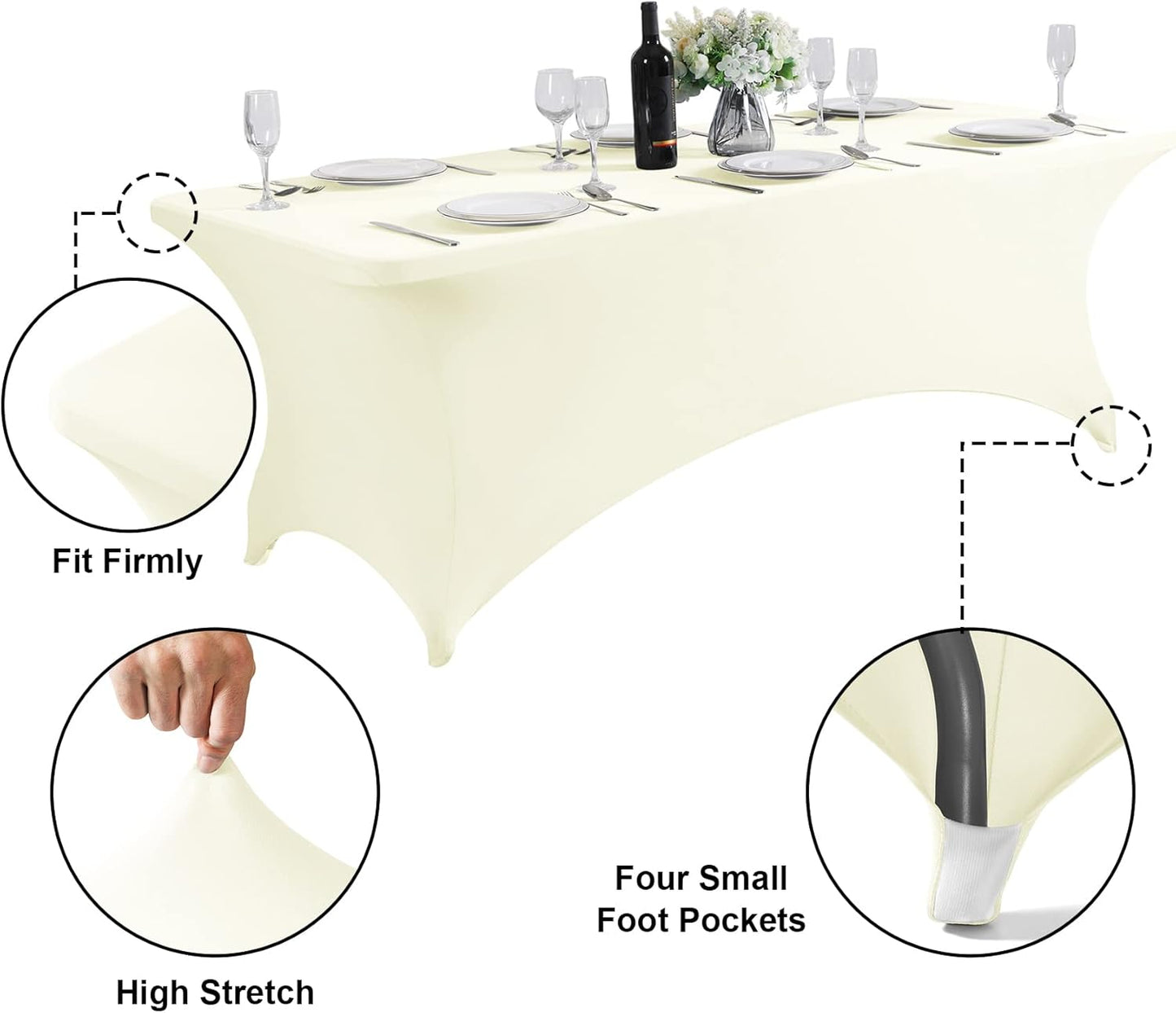 SuperO Waterproof Spandex Table Cover for 8FT Table Universal Fitted Stretch Tablecloth for Party, Banquet, Wedding and Events-Ivory