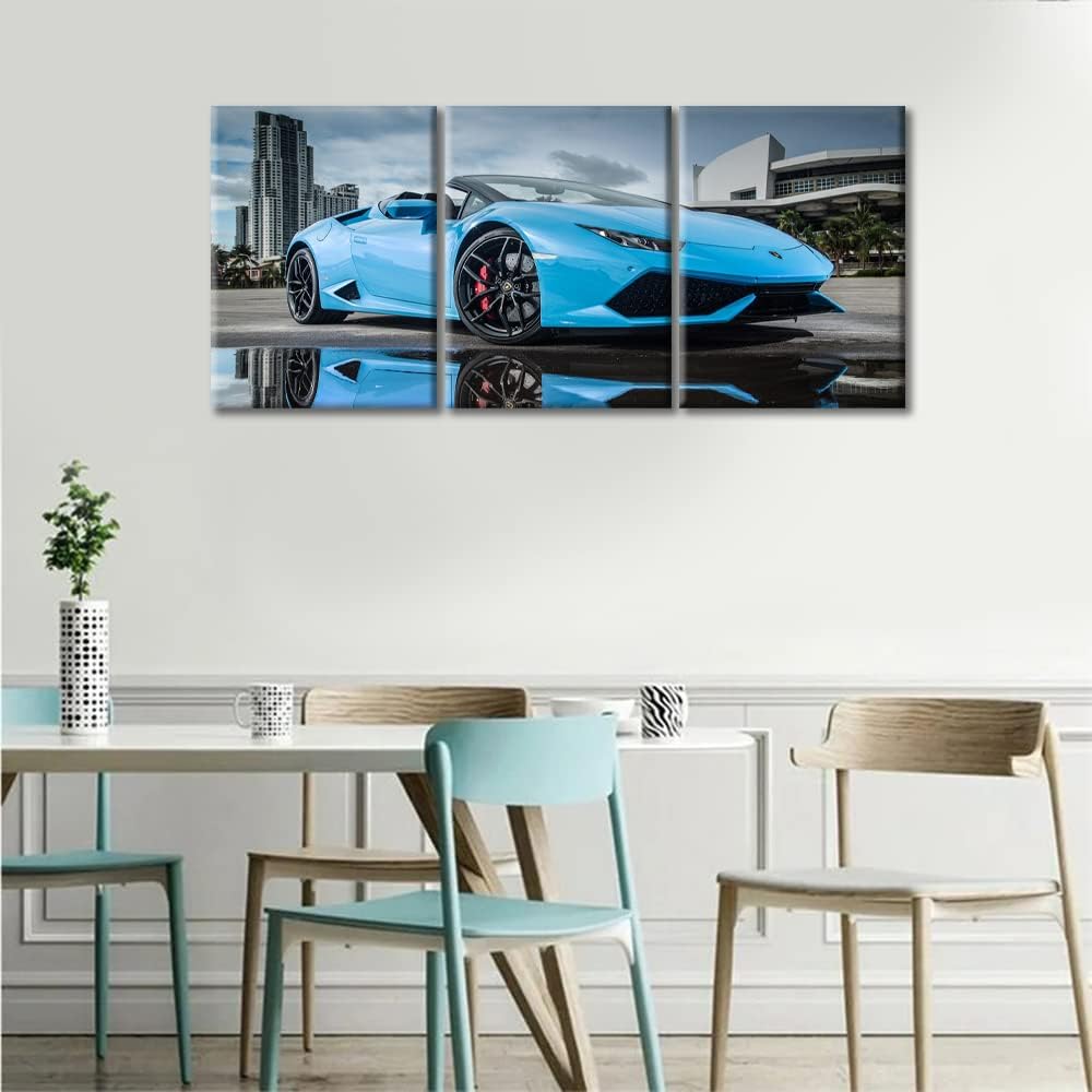 TUMOVO Blue Sports Car Wall Art for Bedroom Speed Super Car Canvas Painting Clouds Sky Large Wall Art for Living Room Open Car Contemporary Home Decor 3 Panels Stretched on Wooden Frame, 36" Wx16 H