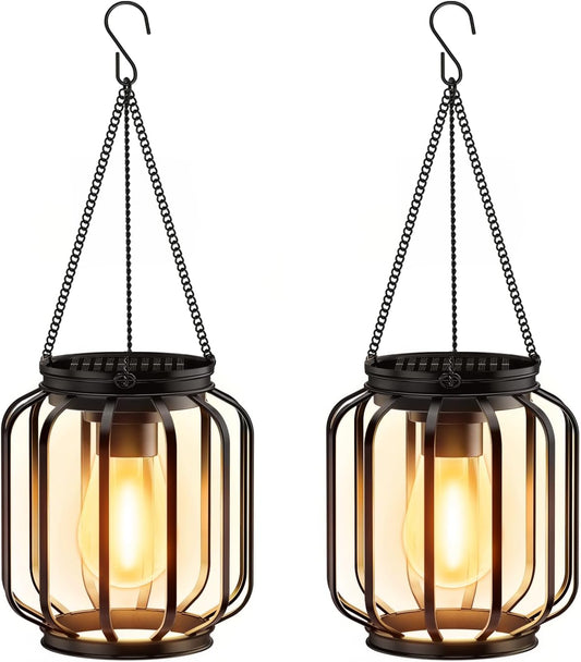 Solar Hanging Lanterns Outdoor: 2 Pack Metal Solar Hanging Lights with Hook, Bright - Warm Waterproof LED Lanterns for Outside, Classic Decorative Solar-Powered Light for Yard Garden Patio Porch Decor