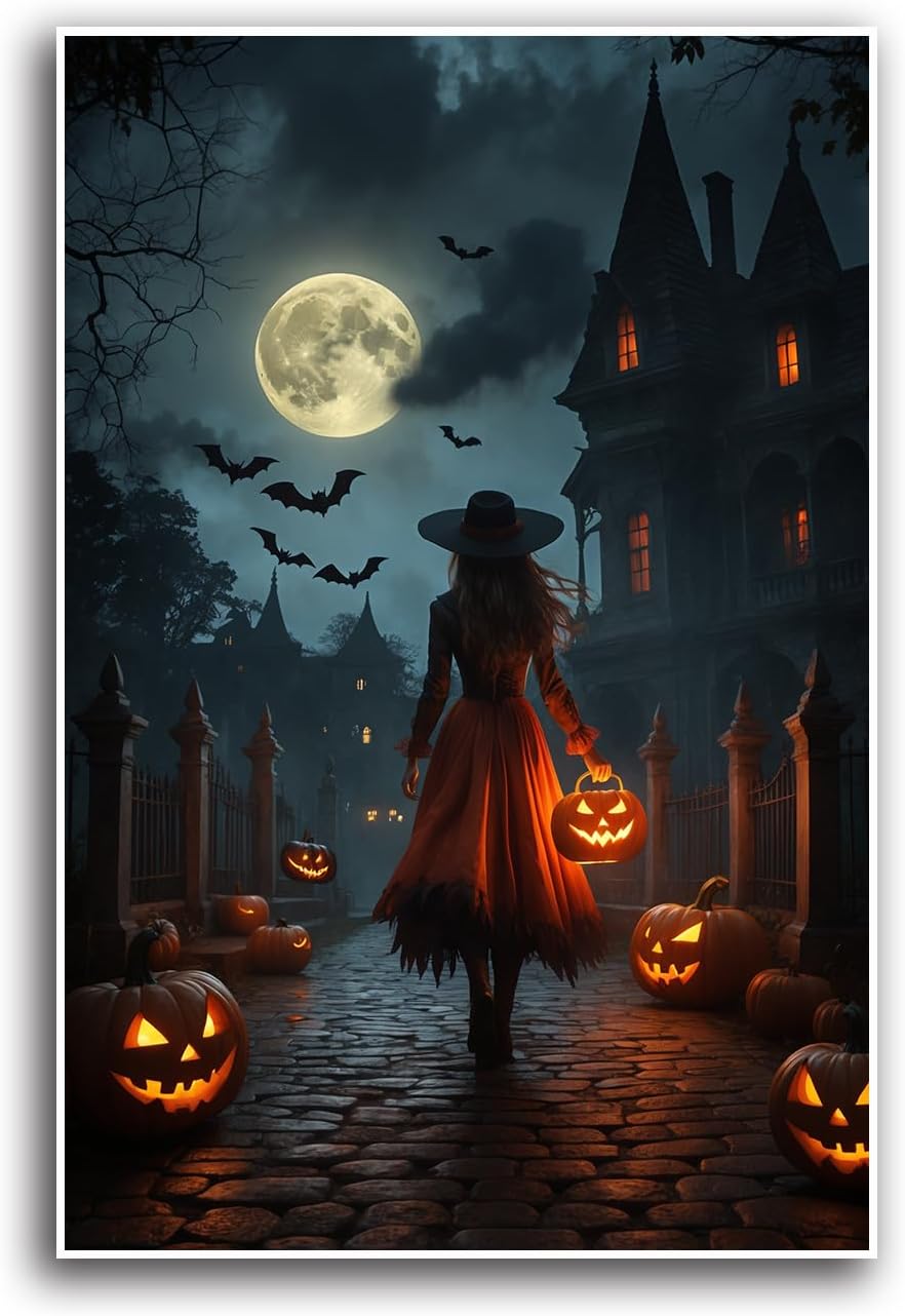 JFHCQJPK Halloween theme poster moonlit autumn night witch vintage poster art print dark college style gothic painting canvas wall decoration bedroom living room ideal gift28x40in Frameless