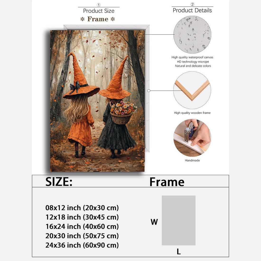 Fall Wall Art Witch Picture Decor,Little Girl Witch Halloween Wall Art, Vintage Autumn Whimsical Woodland Forest Picture, Family Room Nursery Playroom Children Room Decoration,12"x18" Framed