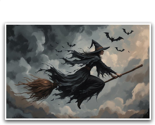 JFHCQJPK Witch and bat flying Halloween poster suitable for home party wall decoration retro Halloween preppy style wall art canvas print suitable for room decoration28x40in Frameless