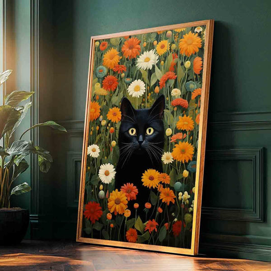 Vlolvfe Black Cat Wall Art Colorful Flower Pictures Funny Cat Painting Green Plant Pictures Colorful Wildflowers Wall Art Cute Animals Floral Picture Aesthetic Living Room Decor 16x24inch No Frame