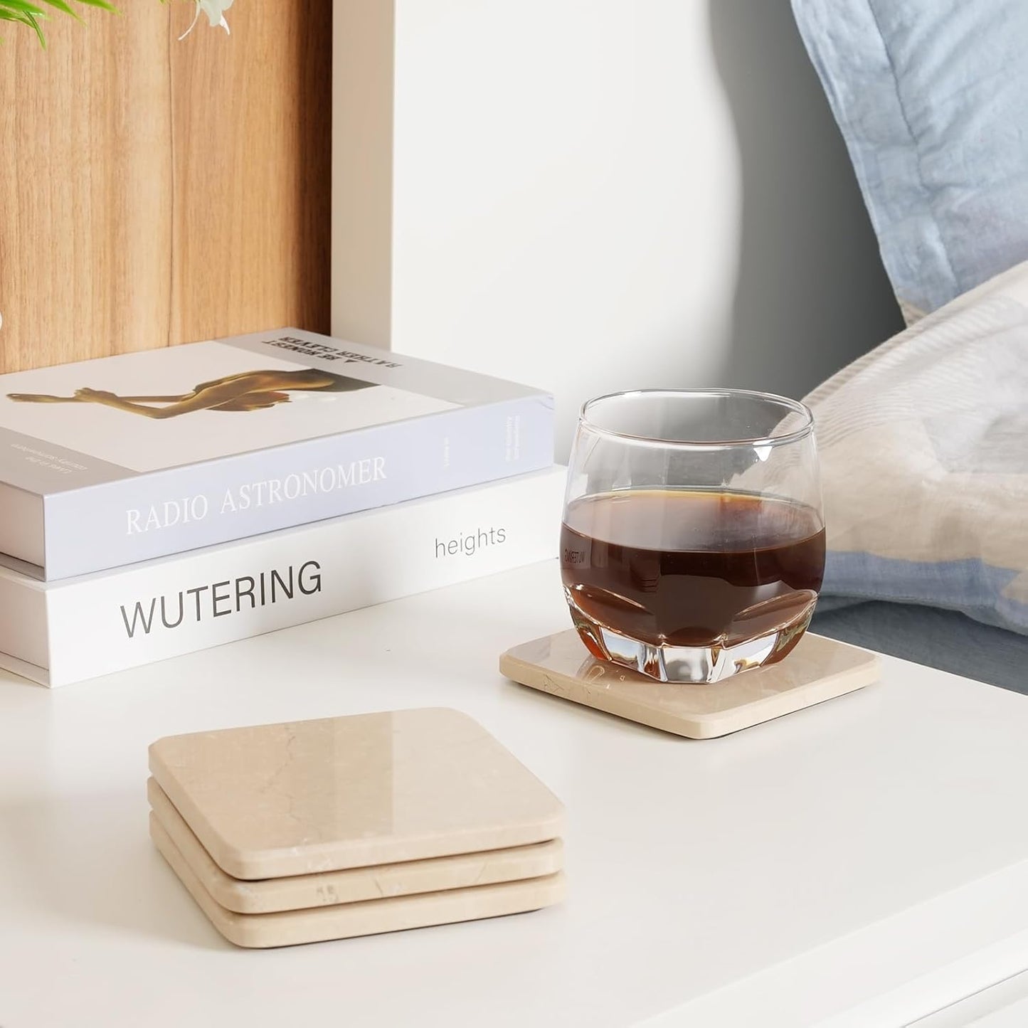 BCS Marble Coasters Set of 5 with Holder, Square Stone Drink Coasters for Coffee, Wine and Cocktails, Non-Slip Durable Cup Mats, Elegant Home, Bar & Kitchen Table Decor (Crema Beige)