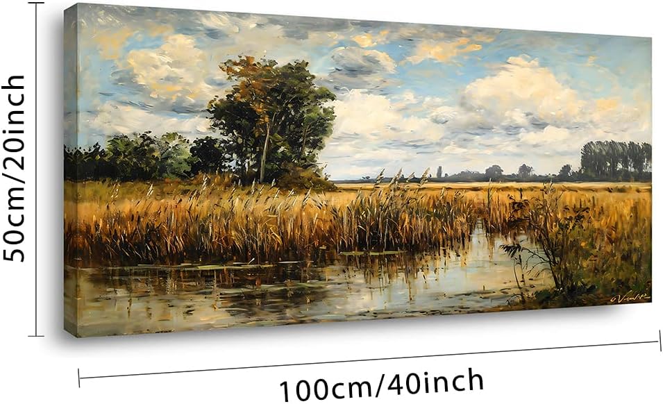 LASMOND Beautiful Wilderness Meadow Canvas Wall Art Oil Painting Reproduction Print Vintage Wildflower Field Scenery Countryside Landscape Tree Rustic Retro Decor Artwork for Country Farmhouse Bedroom 20x40 Inches