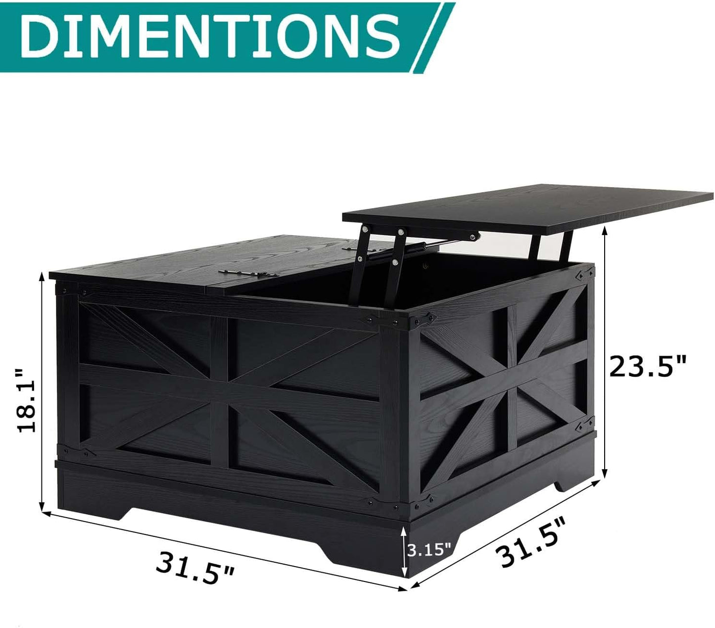 Black Coffee Table with Storage, Cocktail Table with Hinged Lift Top, Farmhouse Square Wood Center Table with Large Hidden Storage Compartment for Living Room, Square Coffee Table, Metal Edges Decor