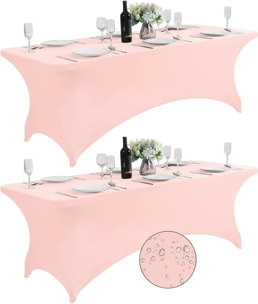 SuperO 2Pack Waterproof Spandex Table Cover for 8FT Table Universal Fitted Stretch Tablecloth for Party, Banquet, Wedding and Events-Blush Pink