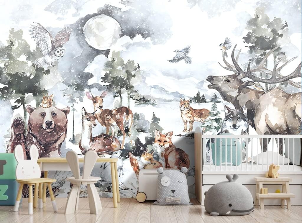 Boys or Girls Cartoon Watercolor Animals wallpeper Nursery Kids Bedroom Wall Mural - 91"x65"（Not Peel and Stick）