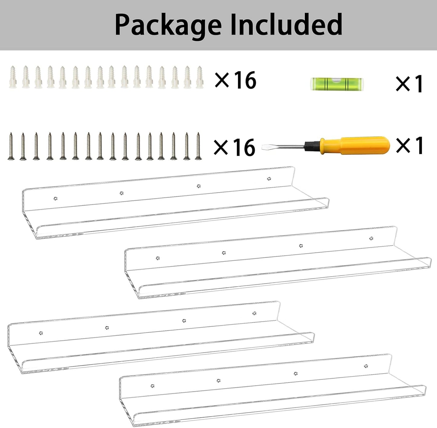Weiai Clear Acrylic Floating Shelves 24 inches, Wall Bookshelf for Kids, Transparent Book Shelf Ledge for Wall, Set of 4
