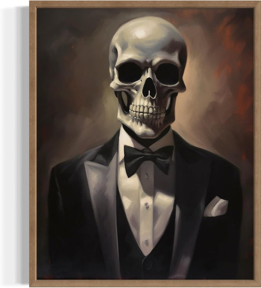 Skull Portrait Poster Art Print, Halloween Scary Vintage Wall Art Academia Spooky Painting Decoration for Horror Prints, Gothic Posters Bedroom Decor 89 (Skull Portrait, 8 x 10 inches, Wood Frame)