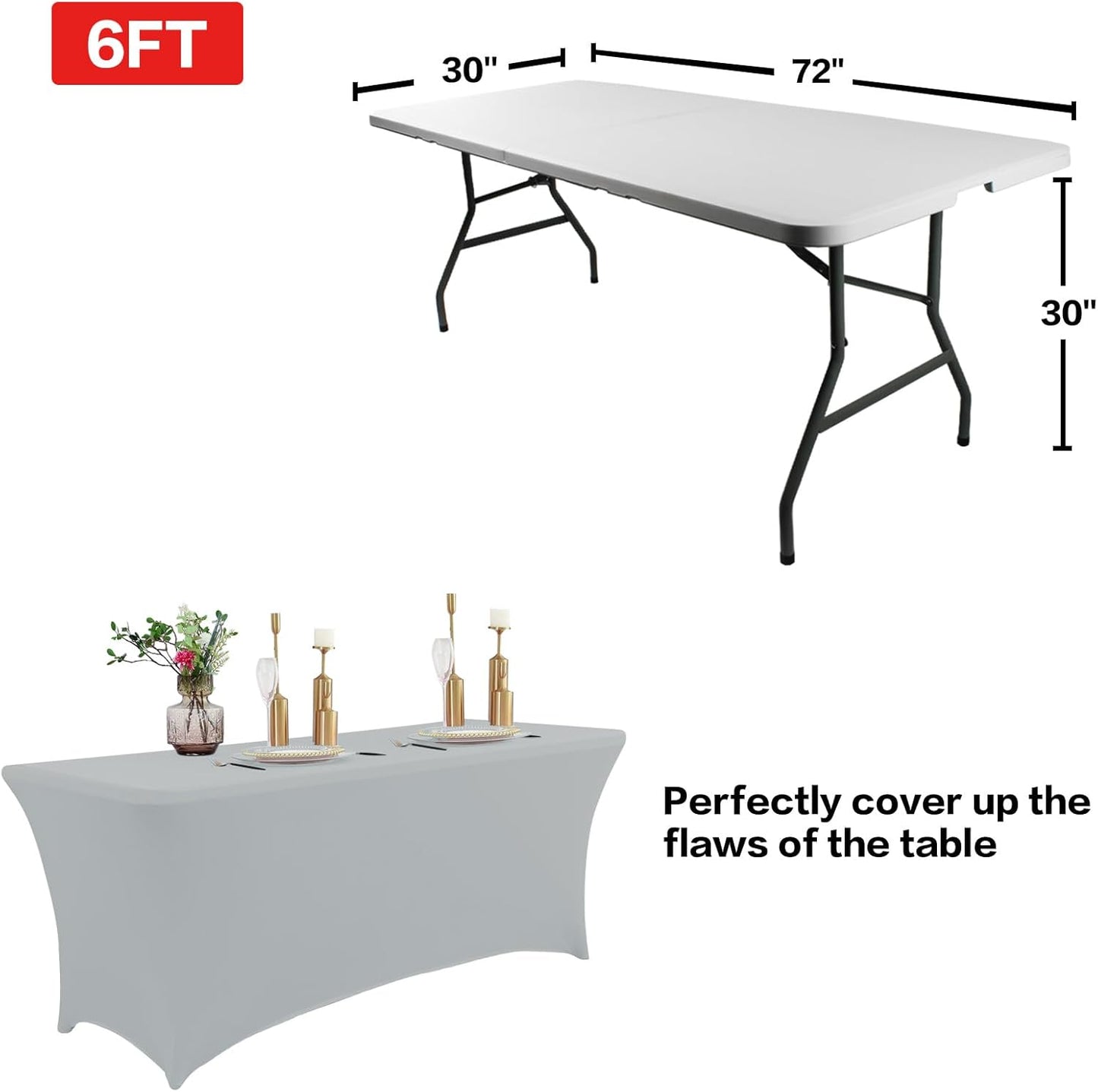 IVAPUPU 2 Pack 6FT Table Cloth for Rectangular Fitted Events Stretch Grey Table Covers Washable Cover Spandex Tablecloth Protector for Party, Wedding, Cocktail, Banquet, Festival