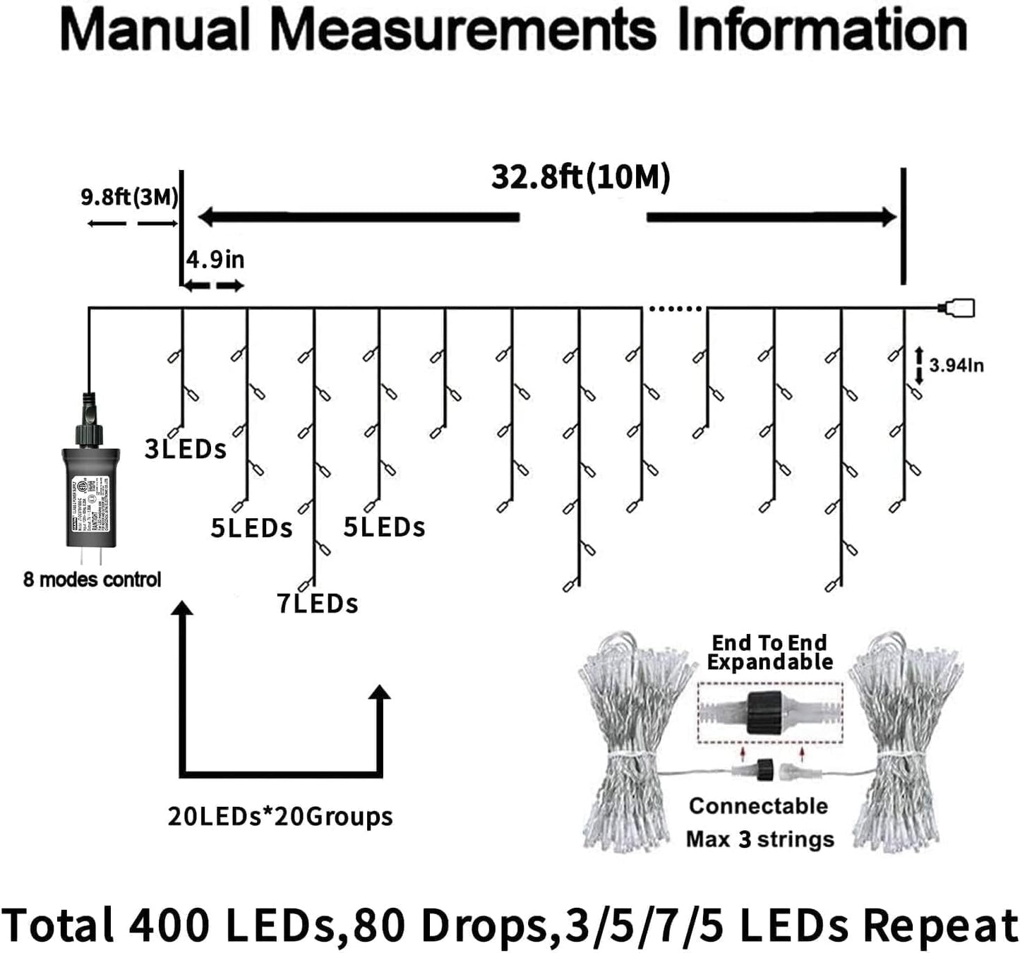 YEGUO 33ft 400 LED Red and Green Icicle Lights Outdoor Waterproof, 80 Drops Icicle String Light Connectable, 8 Modes Icicle Christmas Lights with Memory Timer