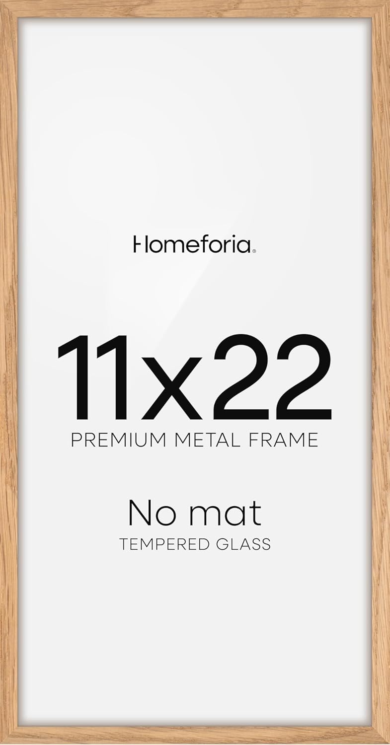 Homeforia 11x22 Newspaper Frame Wooden, High End Natural Oak 11 x 22 Picture Frame Light Wood without Mat, 22x11 Poster Frames for Wall, 11by22 Display Photo Frames, Tempered Glass, Wall Kit, Set of 1