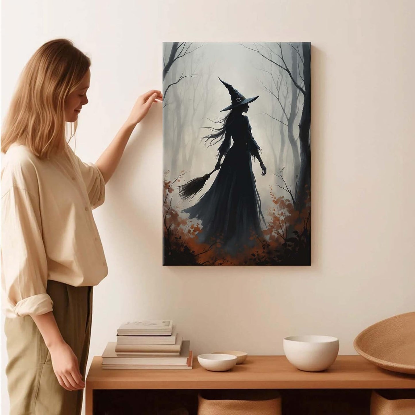 Vintage forest witch silhouette poster Halloween mural poster decoration mural art magic suitable for home living room bedroom24x36in Wood Framed