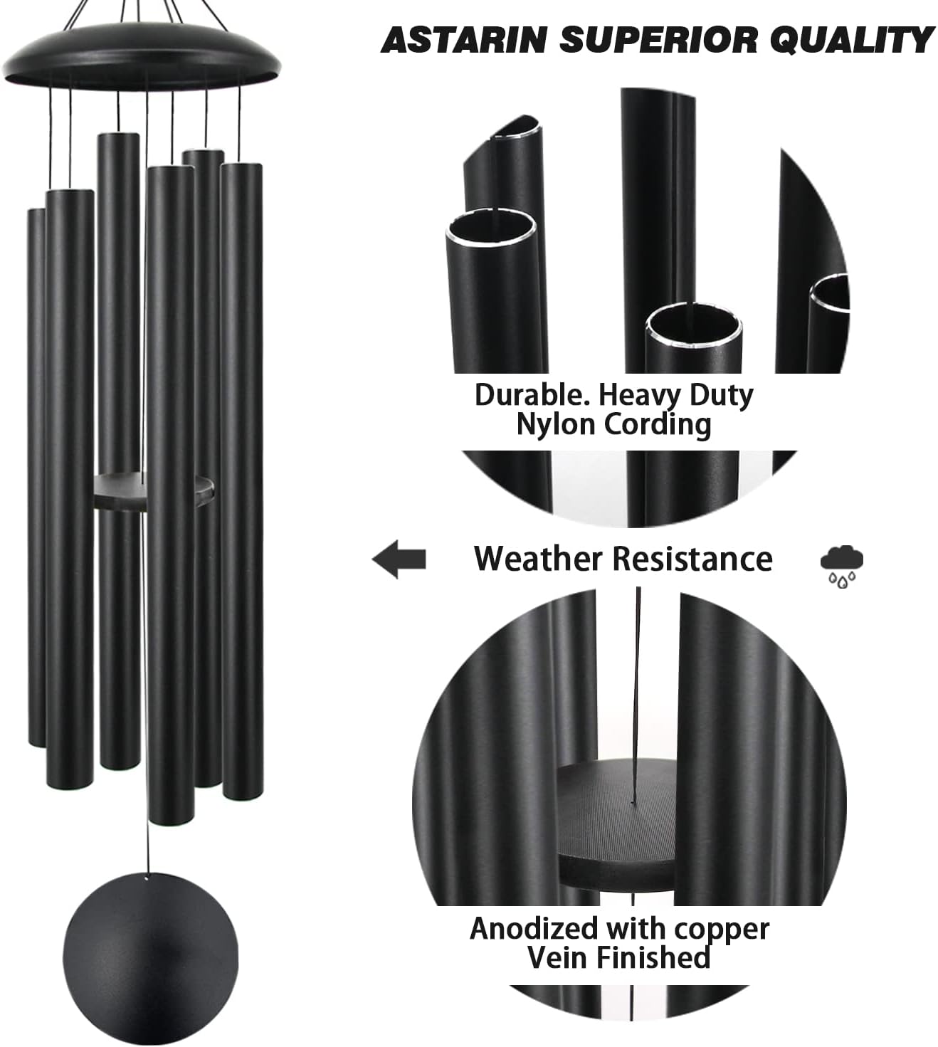 ASTARIN 60" Extra Large Wind Chimes Outside Metal WindChimes with Deep Tone, Outdoor Bass Windchimes for Patio Balcony Garden Yard Decoration,Black