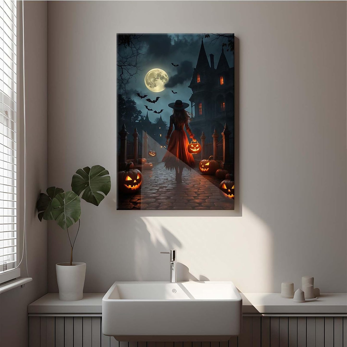 Halloween theme poster moonlit autumn night witch vintage poster art print dark college style gothic painting canvas wall decoration bedroom living room ideal gift12x16in Wood Framed