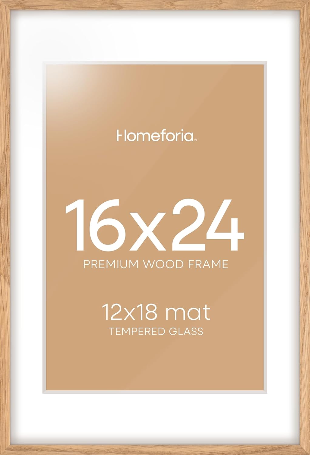 Homeforia Picture 16x24 Wood Frame, High End Natural Oak 16x24 Light Wooden Poster Frame with Mat 12x18, 16 x 24 Frames Matted to 12 x 18 Photo, 24x16 Hanging Frame, Tempered Glass, Wall Kit, Set of 1