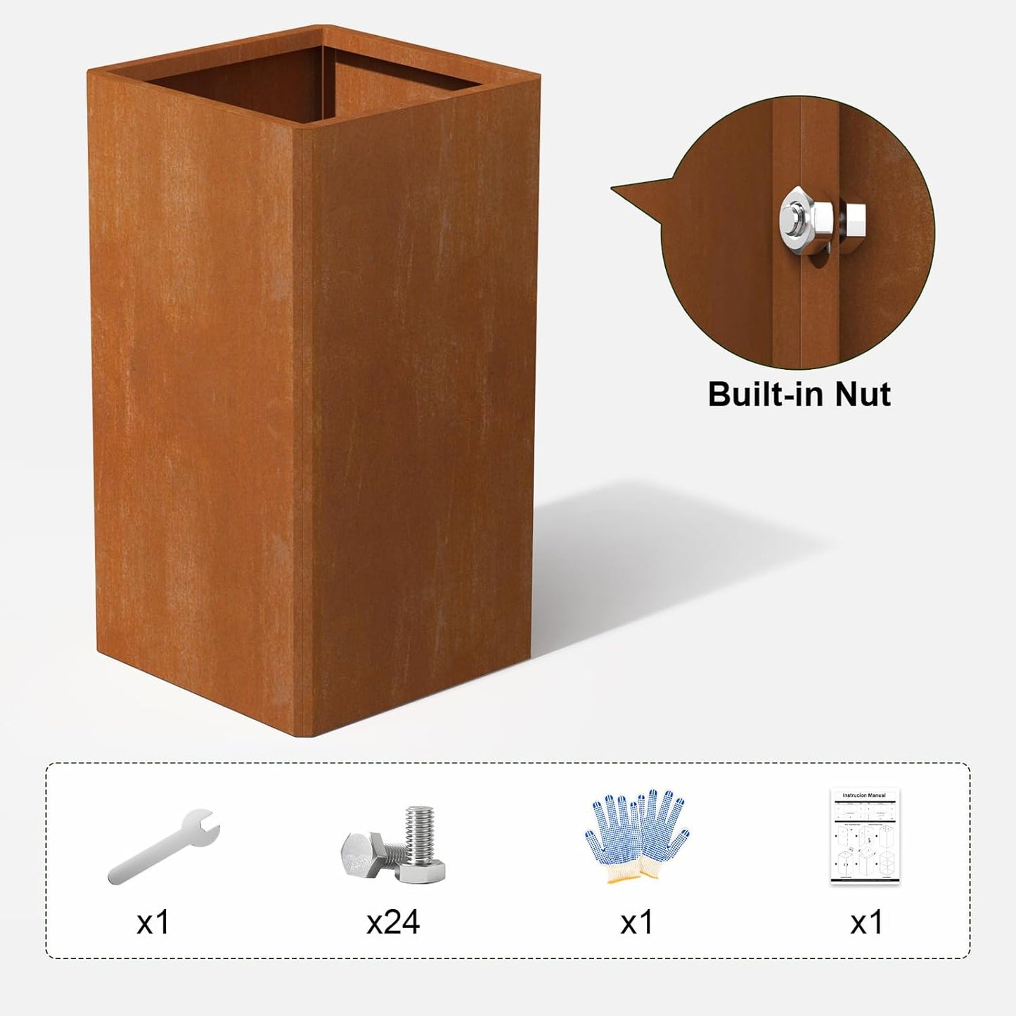 28 Inch Co rten Steel Planter-Modern Square Metal Outdoor Planters for Front Porch, Patio & Garden -Large Tall Planters (14" L X 14" L X 28" H)