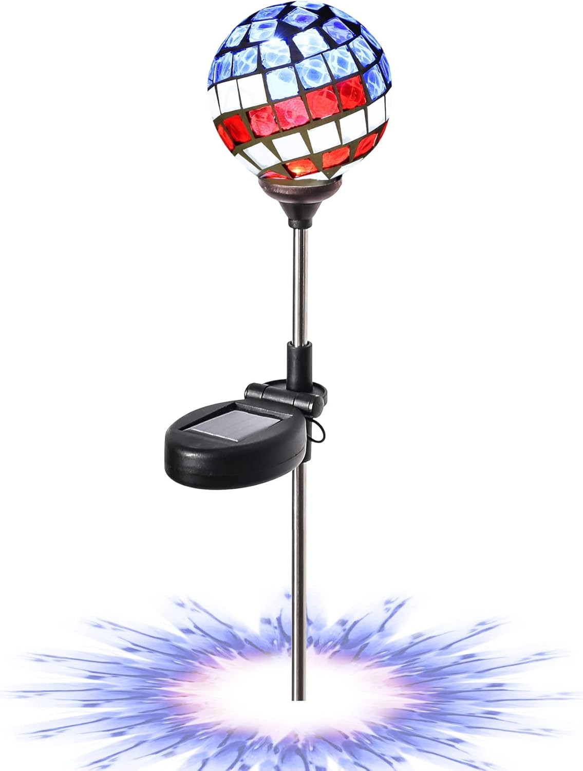 WNP Solar Powered Outdoor Garden Light Stakes Decoration, Mosaic Globe 4th of July Stake Solar Light for Patio Pathway Yard Decor, Waterproof Solar Glow Glass Ball Lights