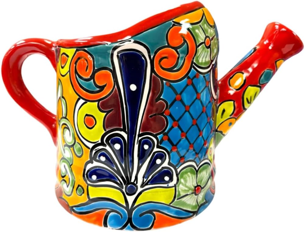 Talavera Watering Can Planter Large Flower Pot Large Mexican Pottery Folk Art Hand Painted Home Decor Garden Ceramic Handmade Multicolor 15" (Red Multi)
