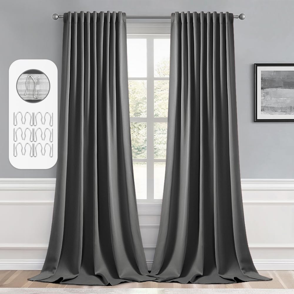 MIULEE Back Tab Grey Blackout Curtains 108 Inch Long 2 Panels Set for Living Room Bedroom Privacy, Rod Pocket/Pinch Pleated Extra Long Thermal Insulated Room Darkening Light Blocking Curtains/Drapes