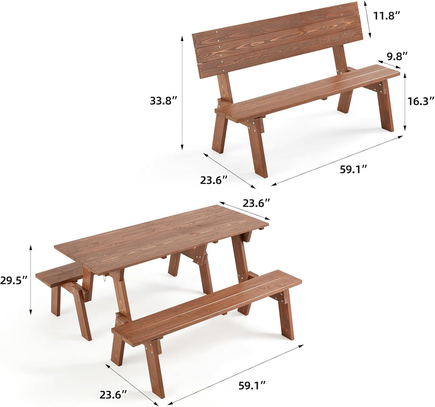 AVAWING Outdoor Convertible Wood Bench with Backrest, Patio Wood Convert a Bench, Space-Saving 2-in-1 Picnic Table Chairs Set for Backyard, Porch, Patio, Garden, Brown