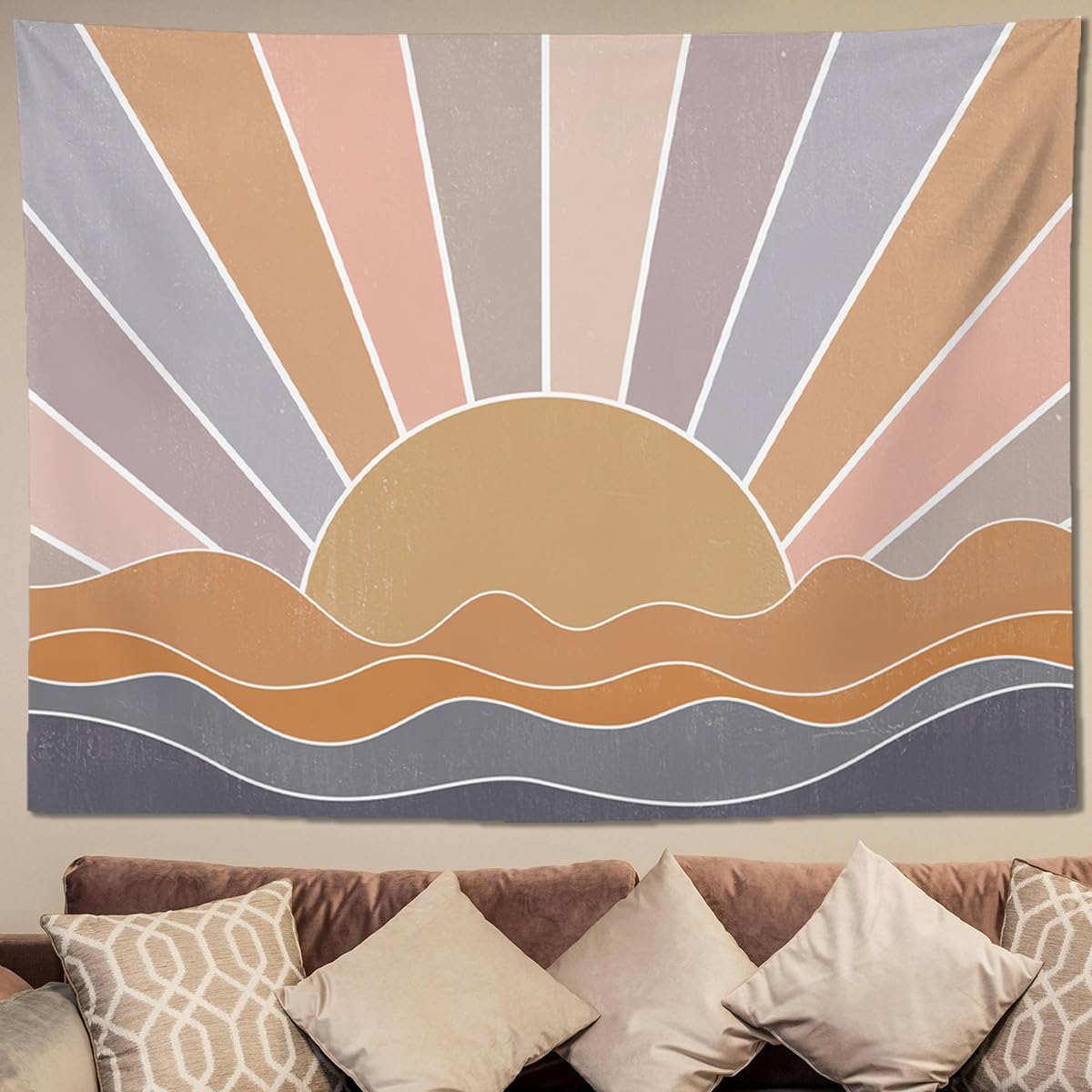 keowhsf Boho Sun Mountain Tapestry Wall Hanging - Retro 70s Vintage Rainbow Sunrise Sunset Design, Abstract Geometric Hippie Art Tapestry for Bedroom, Living Room & Dorm Decor