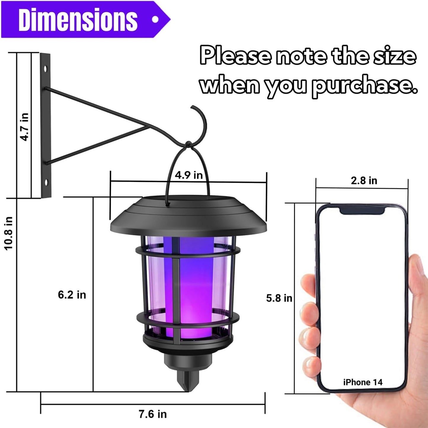 Dynaming Solar Purple Flame Wall Lanterns, Outdoor Halloween Hanging Lights, Flickering Flame LED Auto On/Off Wall Mounted Sconce Lights with Hooks, Waterproof for Garage Stair Patio Porch, 4 Pack