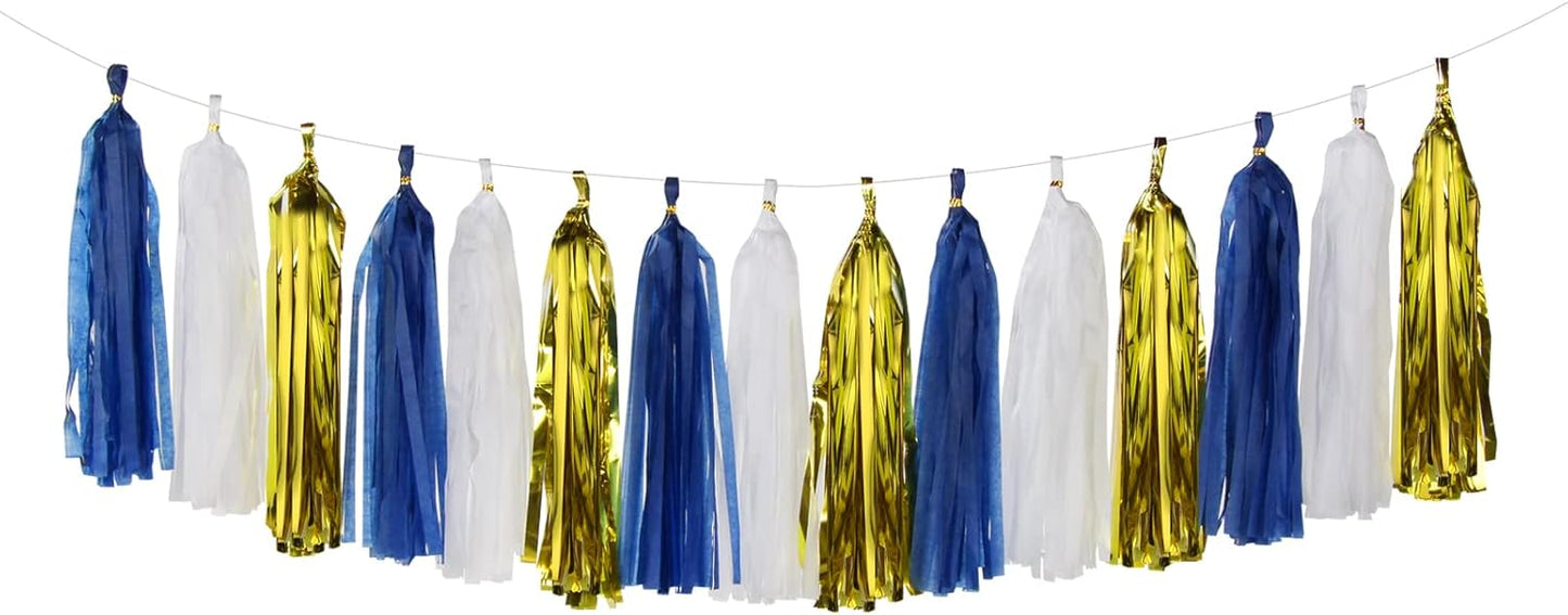 Navy-Blue White-Gold Tassel Garland Streamers- 15pcs Tissue Paper Tassels Banner Party Decorations Men Boy Birthday Graduation Bachelorette Engagement Backdrop Hanging Decor Panduola
