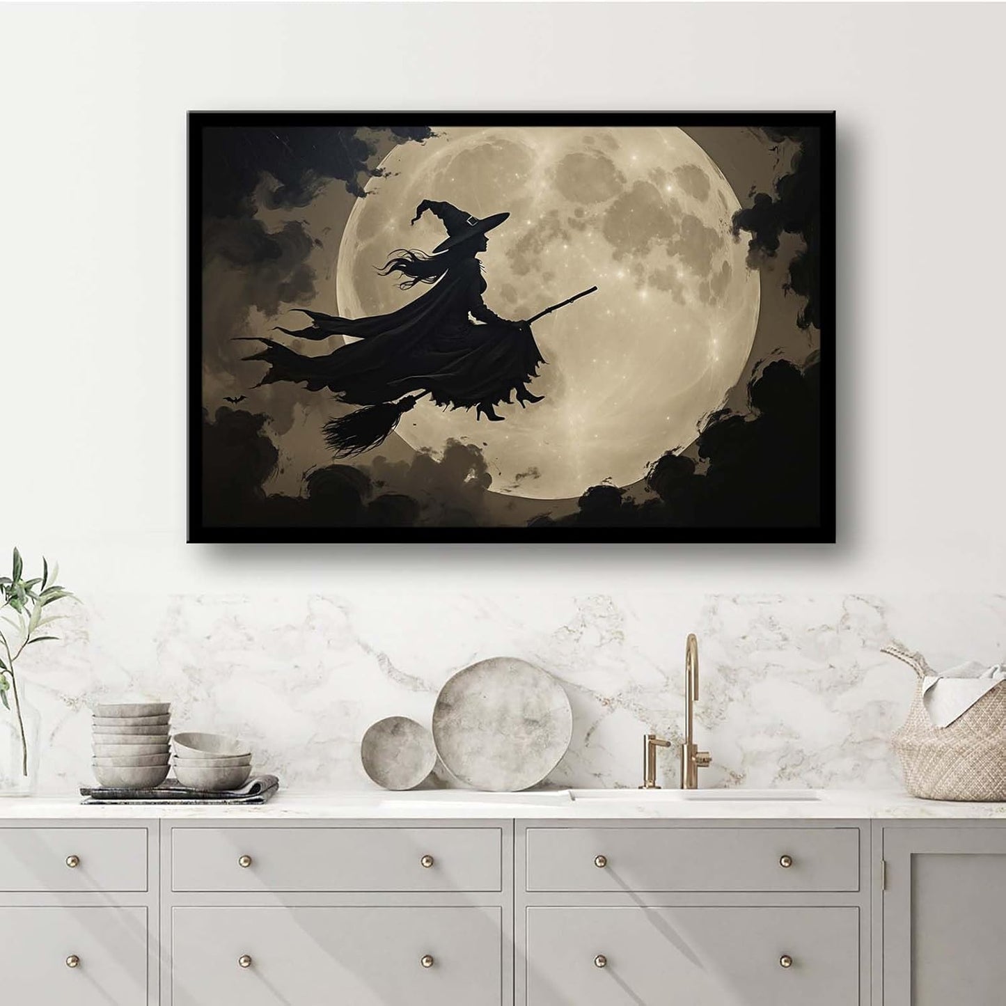 JFHCQJPK Full moon witch silhouette poster witch on magic broom Halloween mural poster decorative mural art suitable for home living room bedroom24x36in Metal blackFramed