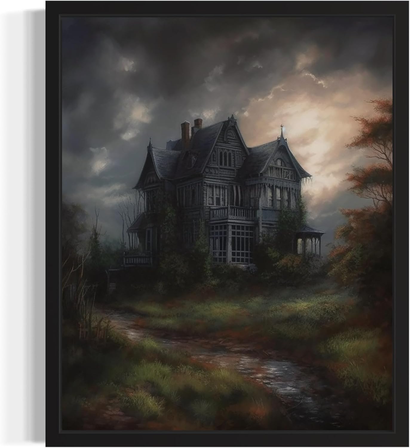 Haunted House Poster Art Print, Halloween Scary Vintage Wall Art Academia Spooky Painting Decoration for Horror Prints, Gothic Posters Bedroom Decor 89 (Haunted House, 8 x 10 inches, Black Frame)